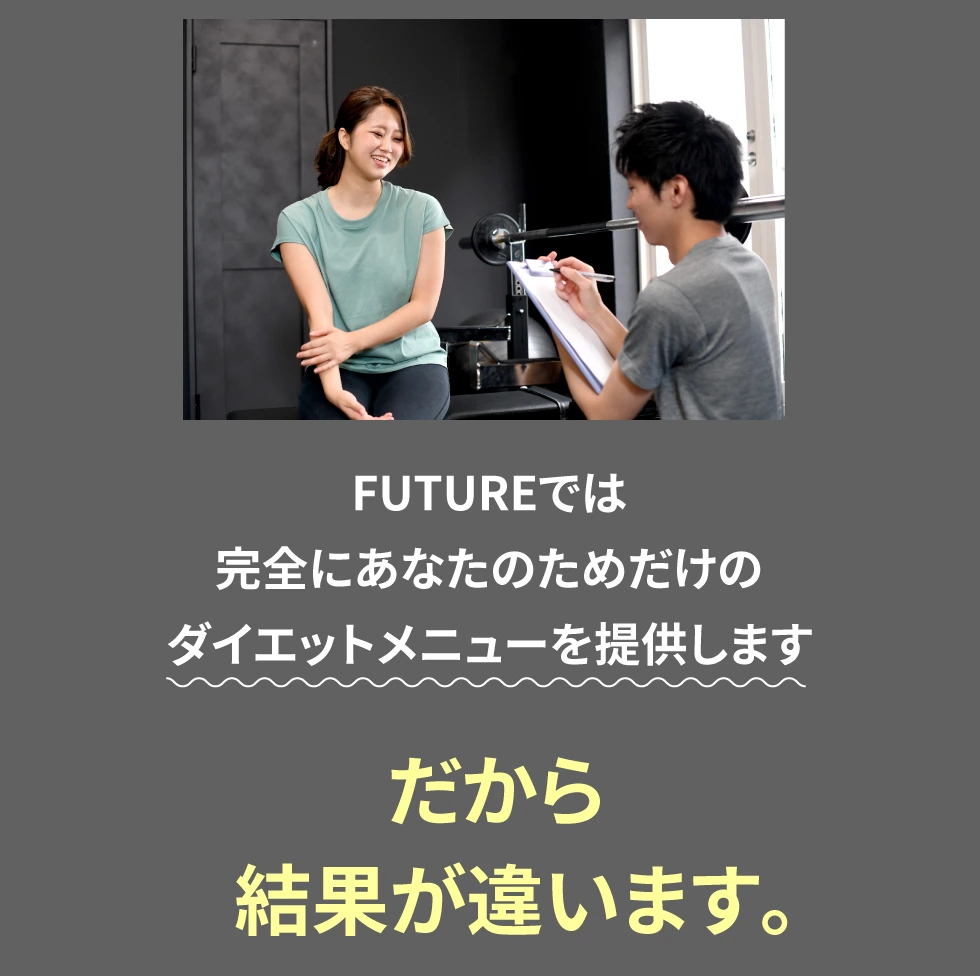 FUTUREでは完全にあなたのためだけのダイエットメニューを提供します。だから結果が違います。